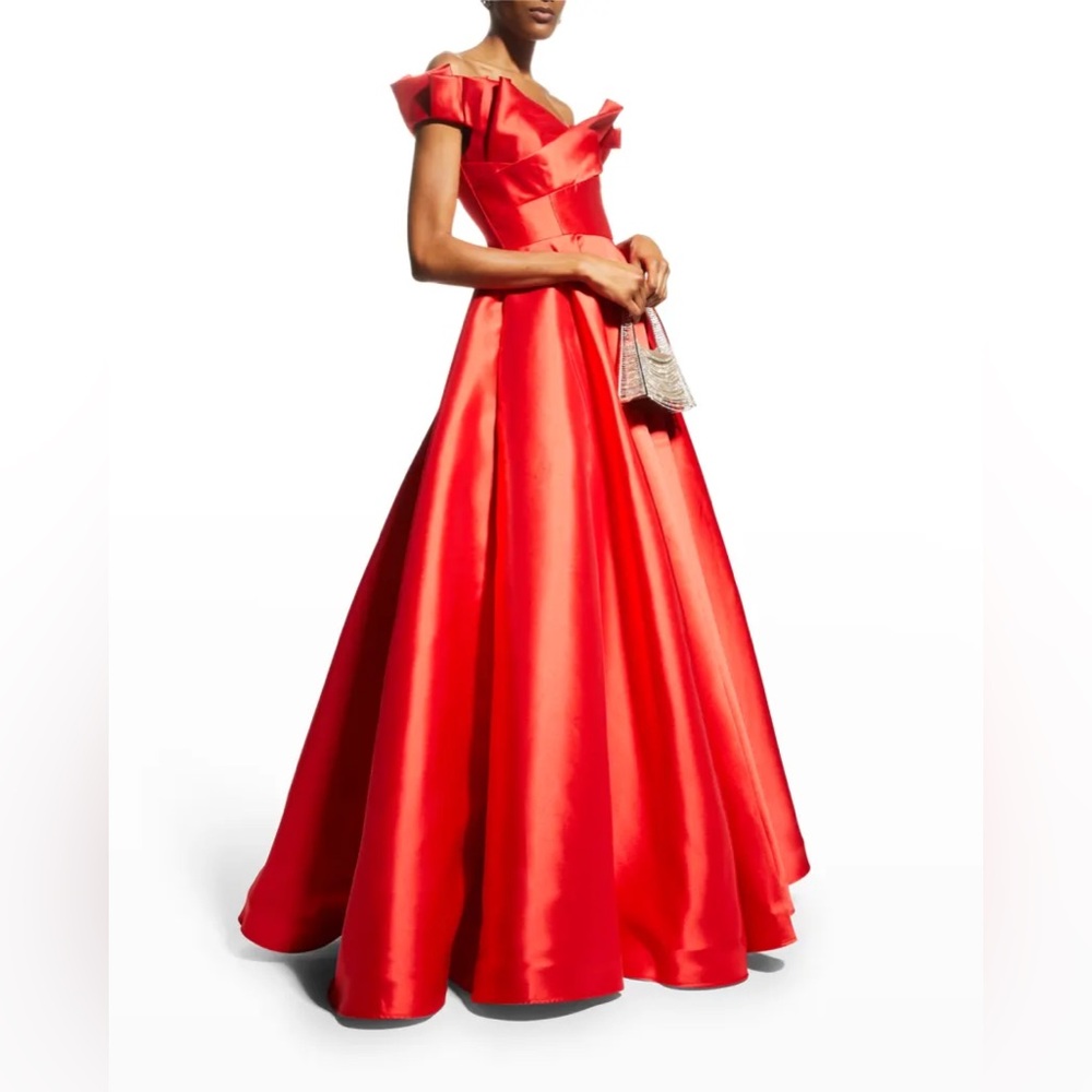Jovani A-Line Red Ruched Off-the-Shoulder Elegant Maxi Length Formal Dress